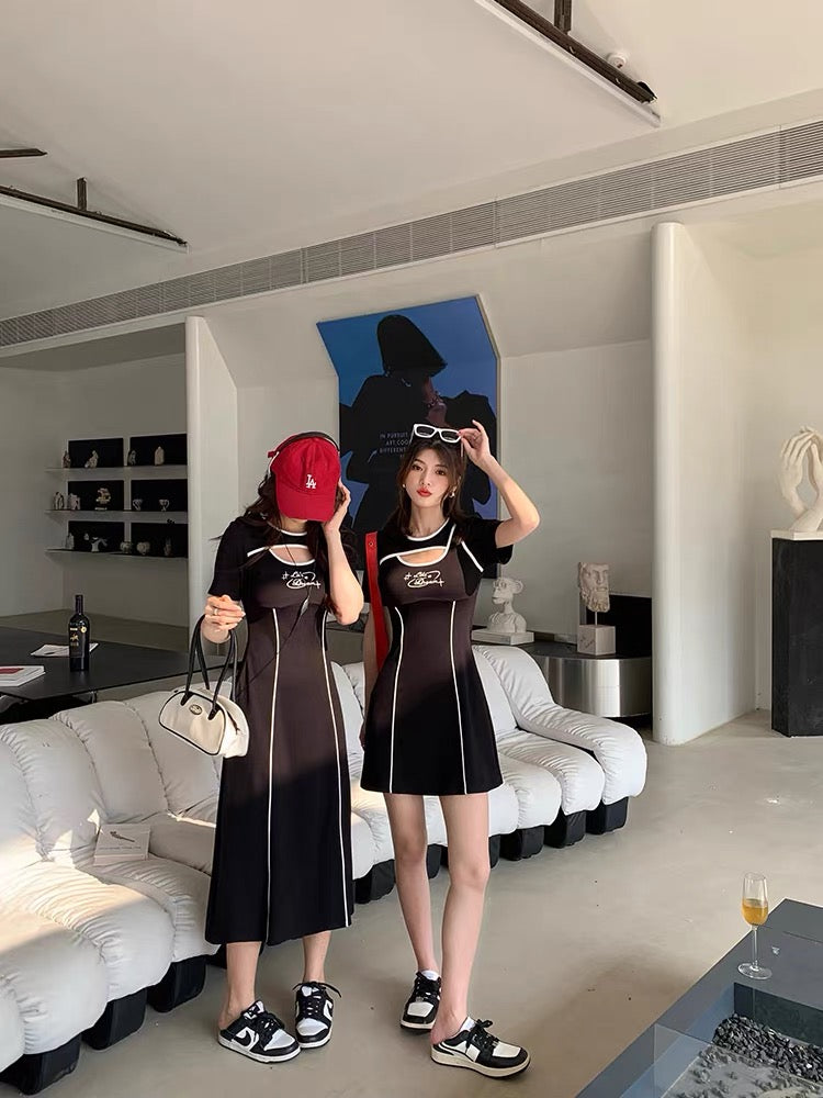 Mr. Zhang 2023 new summer plus size women's sexy dress hollow contrasting color temperament best friend little black skirt women (D547)