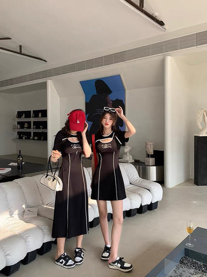 Mr. Zhang 2023 new summer plus size women's sexy dress hollow contrasting color temperament best friend little black skirt women (D547)