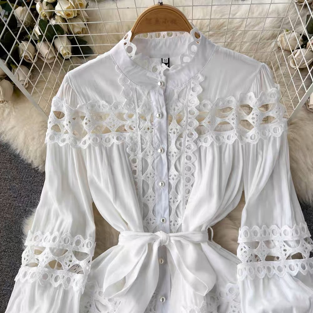 Spring new style French palace style stand-up collar hollow single-breasted dress women's lace-up hollow lace princess skirt (D0992)