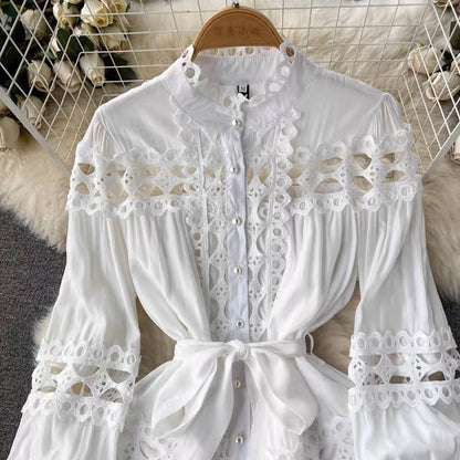 Spring new style French palace style stand-up collar hollow single-breasted dress women's lace-up hollow lace princess skirt (D0992)