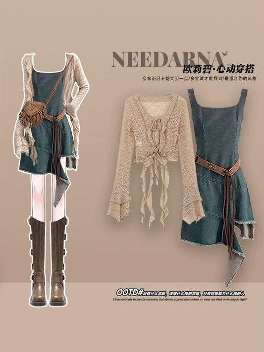 Dune wasteland style western denim dress summer outfit with a complete set of women's bohemian overalls skirt suit
