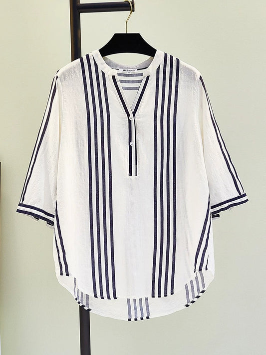 100 yuan for three pieces. Contact customer service to change the price. Striped shirt, short sleeves, loose cotton and linen, slim and comfortable pullover