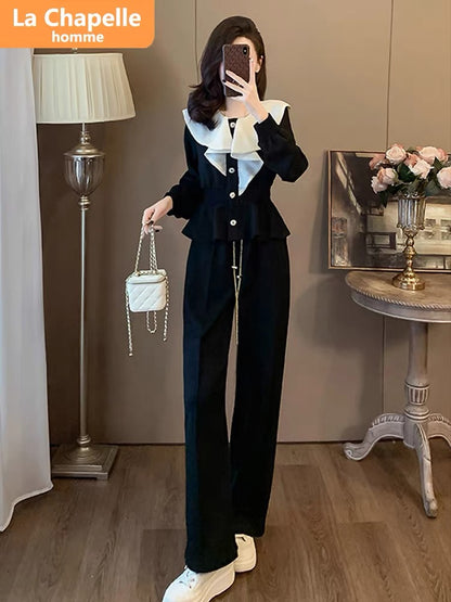 La Chapelle French Casual Sports Suit Women's Autumn 2023 New Fashion Design Ruffled Two-piece Set