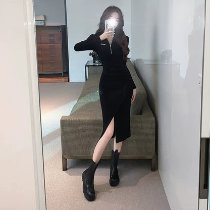 Black design stand-up collar slit slim dress female autumn and winter sweet hottie mid-length polo collar bottoming skirt