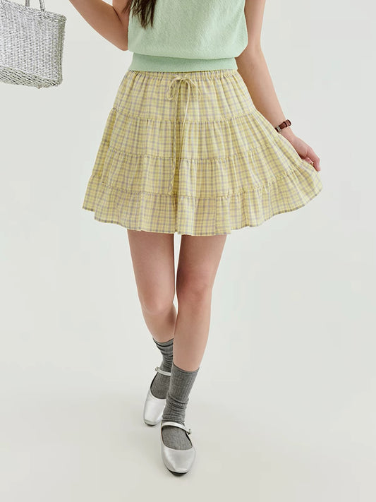 [Beidao AMUU Original] Women's Summer New Arrival: Dopamine-Style Color-Block Plaid A-Line Tiered Mini Skirt (Pure Cotton)