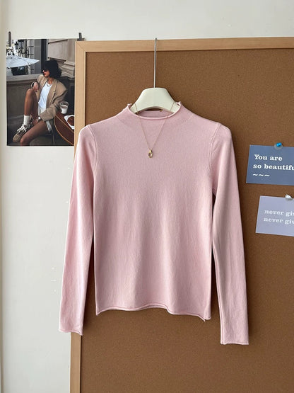 Retro soft and sticky cashmere rolled-edge turtleneck knit sweater for women, autumn and winter, gentle and versatile layering base layer top.
