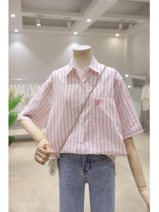 Simple pocket small love embroidery 2024 summer loose slim front short back long cotton short-sleeved striped shirt for women