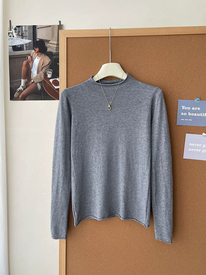 Retro soft and sticky cashmere rolled-edge turtleneck knit sweater for women, autumn and winter, gentle and versatile layering base layer top.