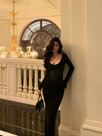 Godfrey Pure Desire Black Fishbone Dress Women's 2023 Autumn and Winter New Niche Waist Slit Cover Hip Long Skirt