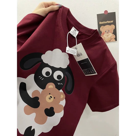 American style ins three bears printed cotton short-sleeved T-shirt men and women summer heavyweight all-match loose couple tops