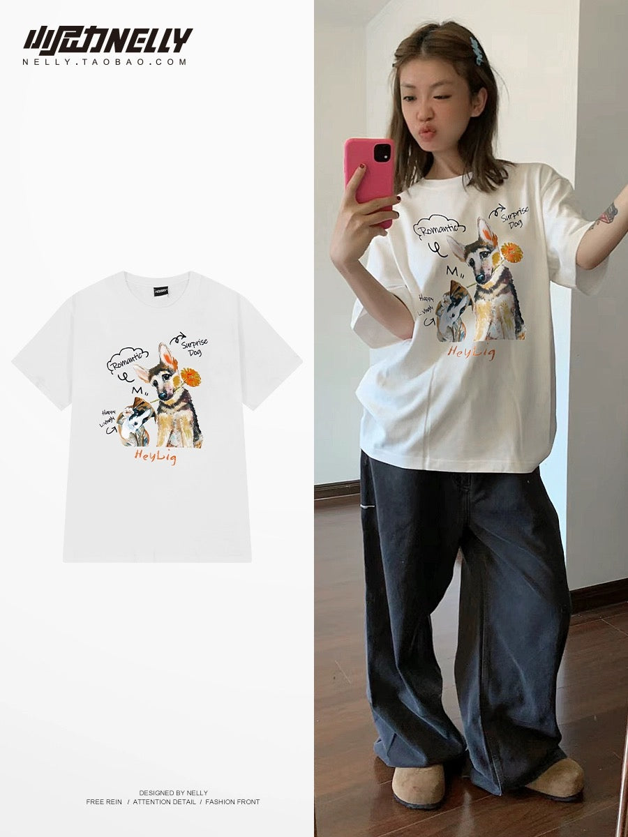 Cartoon dog pure cotton short-sleeved T-shirt for men and women ins summer trend casual versatile Hong Kong style loose short-sleeved T-shirt top