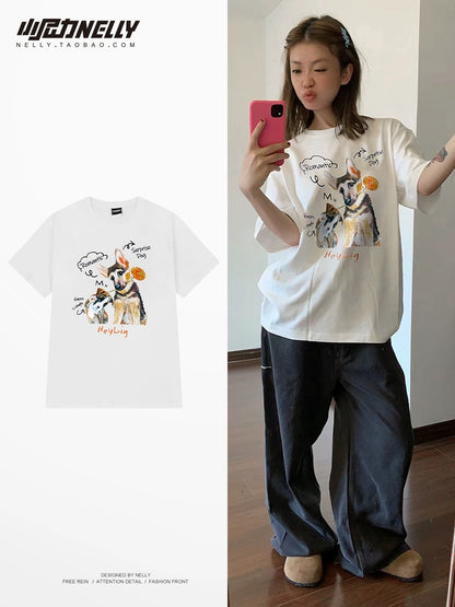 Cartoon dog pure cotton short-sleeved T-shirt for men and women ins summer trend casual versatile Hong Kong style loose short-sleeved T-shirt top