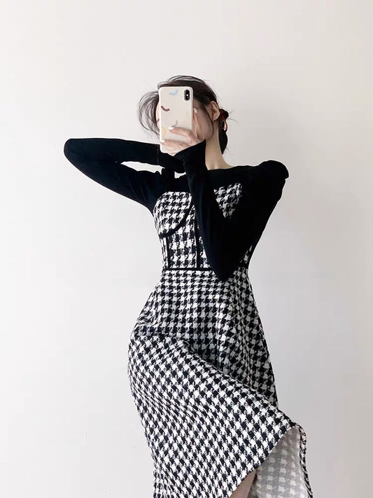 Xiaoxiangfeng suit skirt women's autumn new fashion fashionable temperament suspender dress Internet celebrity goddess style two-piece set D9295