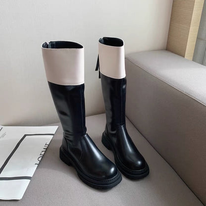 Super cool~Xiaoxiangfeng color matching thick-soled high-tube boots for women
