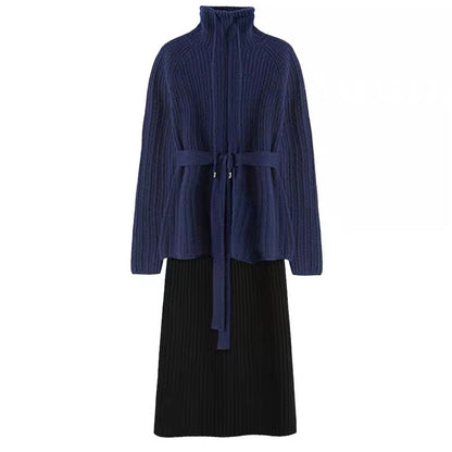 High-end thickened turtleneck lace-up sweater for women 2023 autumn and winter new high-waist hip-covering knitted skirt two-piece set (S0344)