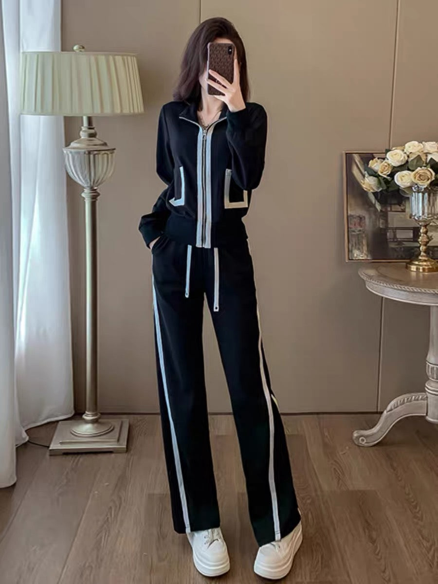 Autumn and winter high-end black sweet and cool striped short jacket slimming straight pants two-piece fashion suit (V6615)