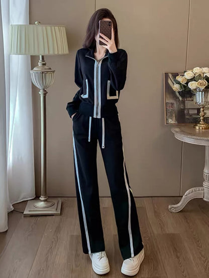 Autumn and winter high-end black sweet and cool striped short jacket slimming straight pants two-piece fashion suit (V6615)