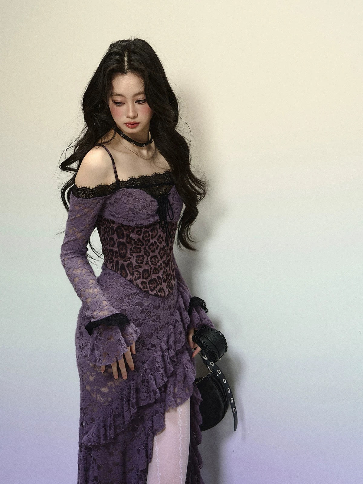 Shaoyeyan Oriental Purple Kite One-shoulder high-grade lace leopard print dress female autumn and winter sexy suspender long dress