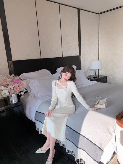 ByYou autumn and winter gentle style wool white square neck long-sleeved knitted dress mid-length slim sweater skirt