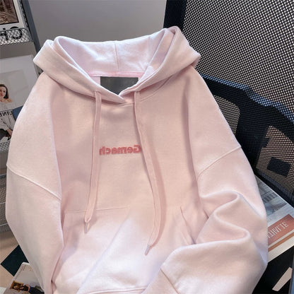 American style pink sweet and spicy letter embroidered hooded sweatshirt for men and women spring and autumn chic lazy Hong Kong style petite top
