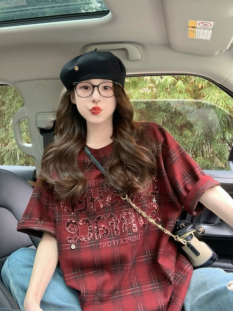 Red plaid sequined letter short-sleeved T-shirt female 2025 new spring and summer sanded thickened American style large version top trend