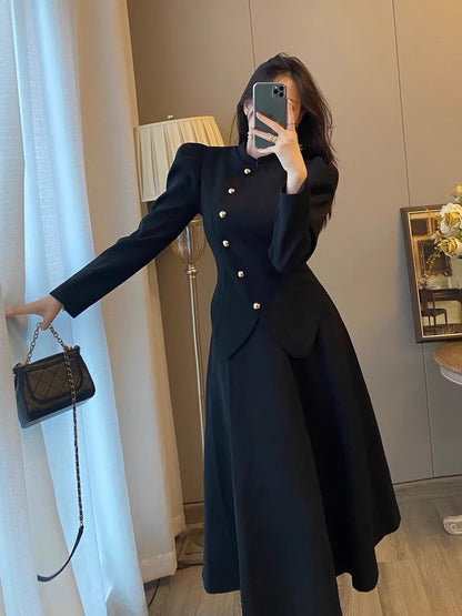 Xiaoxiang style temperament two-piece suit women's autumn clothes new foreign style French retro Hepburn style black dress long skirt