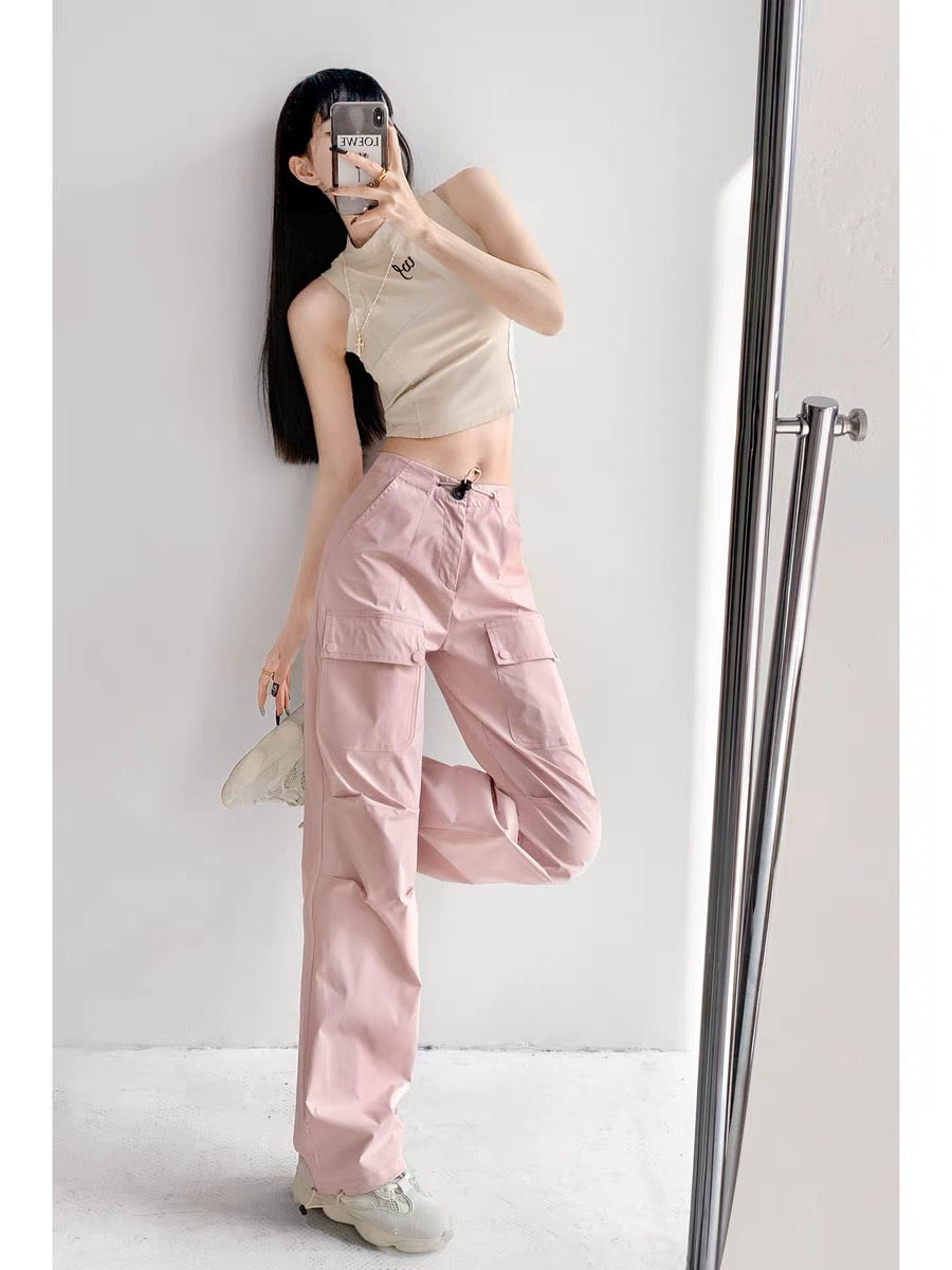 Yuppie hotties walking the streets low-waist drawstring pink overalls for women ins trendy loose American leg-tie straight wide-leg pants
