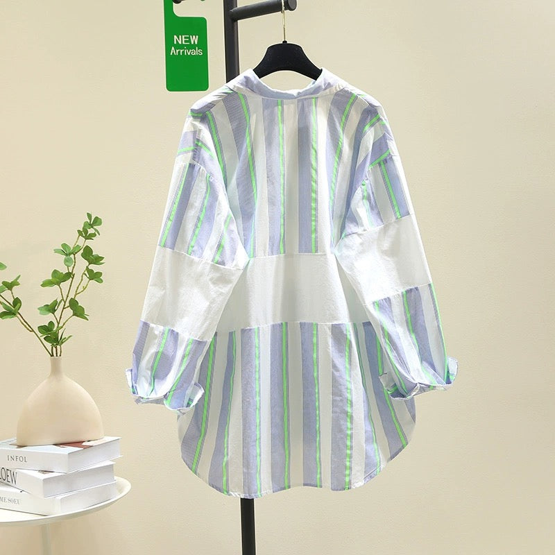 Design sense splicing striped shirt women 2024 spring new loose casual large size shirt comfortable versatile top
