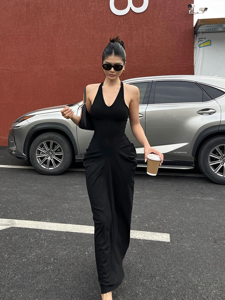 Jingye Hot Girl V-neck halter sleeveless dress female summer new high waist slim fit pleated temperament hip skirt