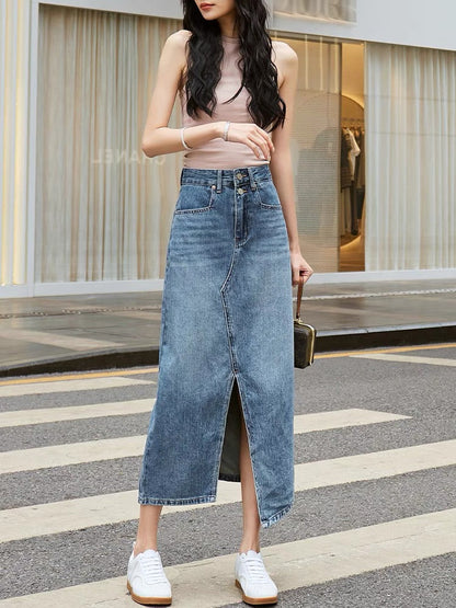 Slit denim skirt for petite women 2023 new autumn high waist design niche mid-length a-line skirt (S131)