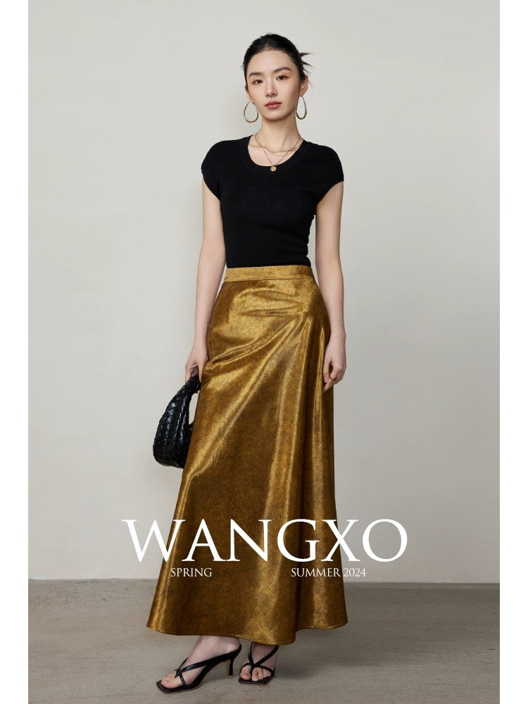 WANGXO｜Gorgeous gilt luster｜Imitation acetate satin cracked texture｜Retro high-end hip-hugging skirt for women