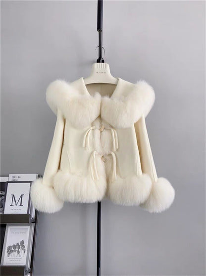 Temperament socialite high-end exquisite high-end fox wool wool double-sided fur autumn and winter coat tops thick ươmen T3467