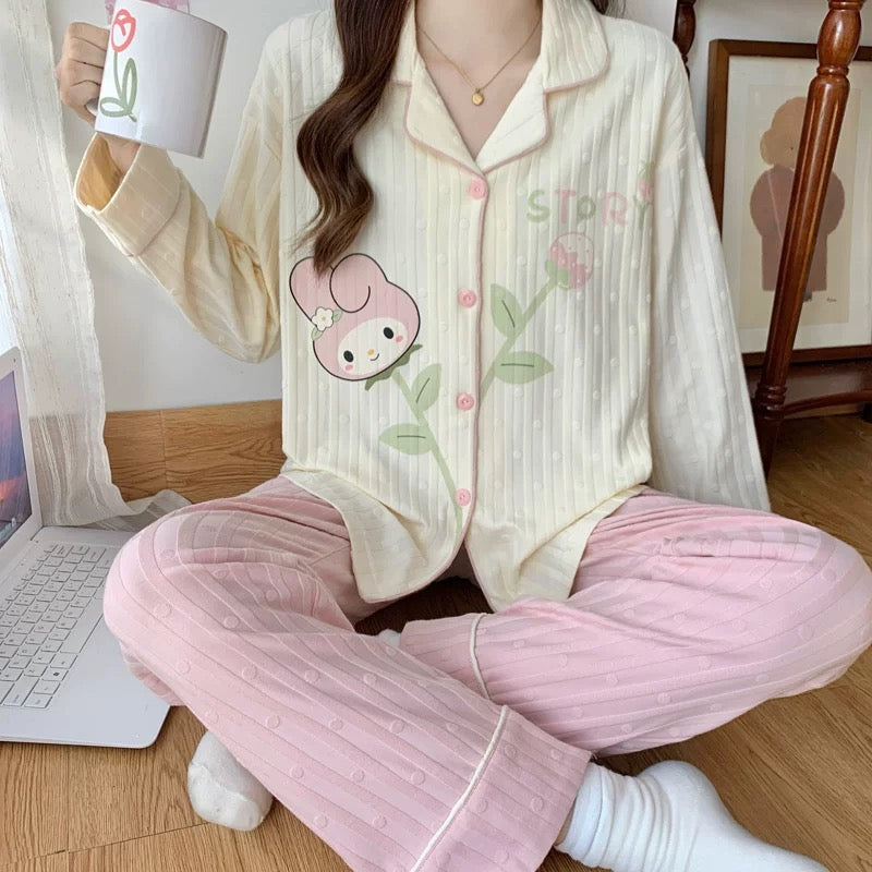 Pajamas women summer cardigan long-sleeved trousers suit summer ladies 2024 new cartoon spring autumn winter home clothes