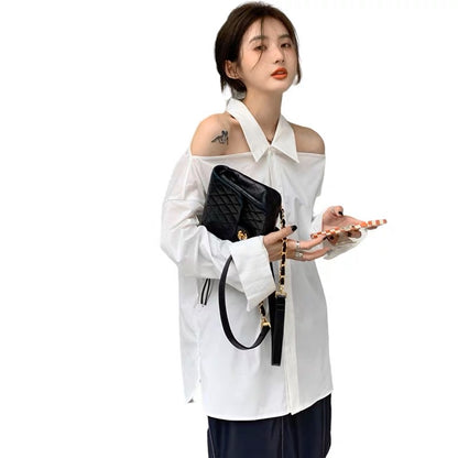 Designed halter neck off-shoulder retro Hong Kong style shirt 2023 new niche thin early autumn long-sleeved chic top for women