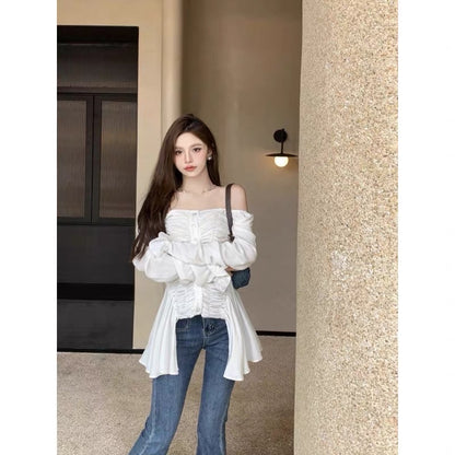 French temperament is unique and chic sexy off-the-shoulder top high-end slim long-sleeved white shirt women's early spring and autumn