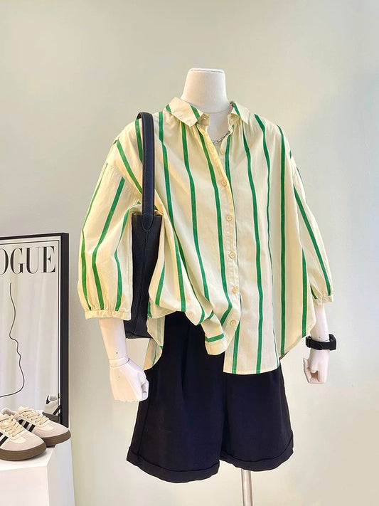 Small fresh green striped shirt women's 7-point sleeve loose cotton shirt 2024 all-match casual literary style top