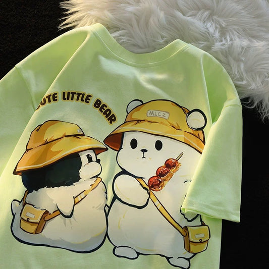 Jwneed Co-branded cartoon trendy brand apricot short-sleeved T-shirt for women dopamine summer new couple loose sweet cotton top
