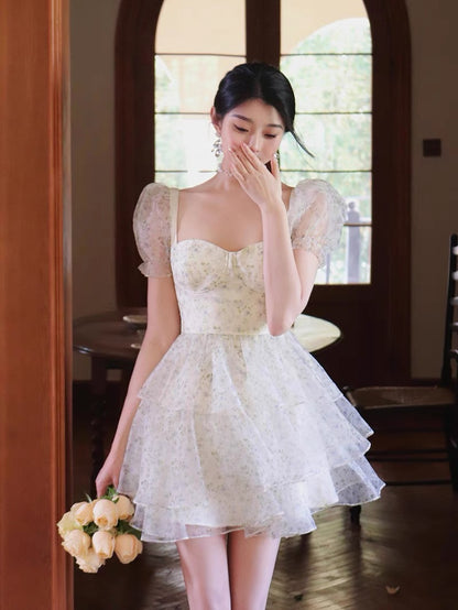 Thirteen and Little Floral Dress Female Summer Temperament Square Neck Short Puff Sleeve Princess Petit Skirt Cake Dress