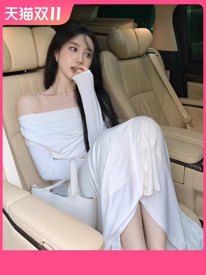 French socialite's pure lustful white one-shoulder autumn dress has a slim waist and a sexy inner long skirt A2282