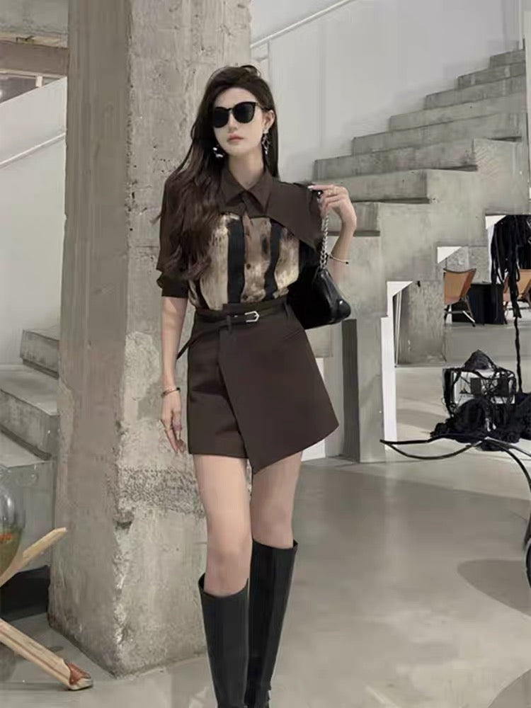 Royal sister style suit for women 2023 new autumn design tie-dye patchwork shirt + irregular skirt