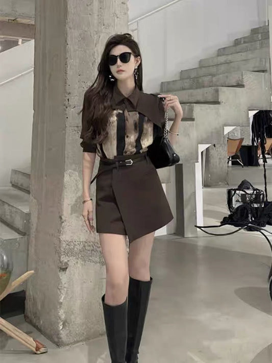 Royal sister style suit for women 2023 new autumn design tie-dye patchwork shirt + irregular skirt