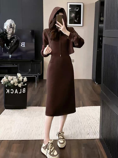 Hooded mid-length sweatshirt dress for women autumn 2023 new waist slimming high-end temperament casual skirt (V6619)