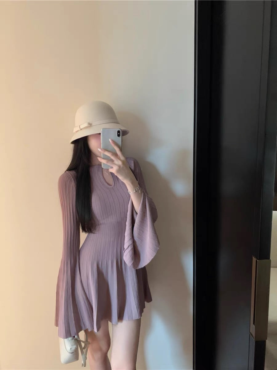 Kumikumi design hollow bell sleeve knitted dress for women in autumn pure desire waist A-line skirt short skirt