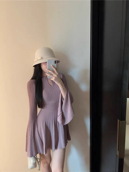 Kumikumi design hollow bell sleeve knitted dress for women in autumn pure desire waist A-line skirt short skirt
