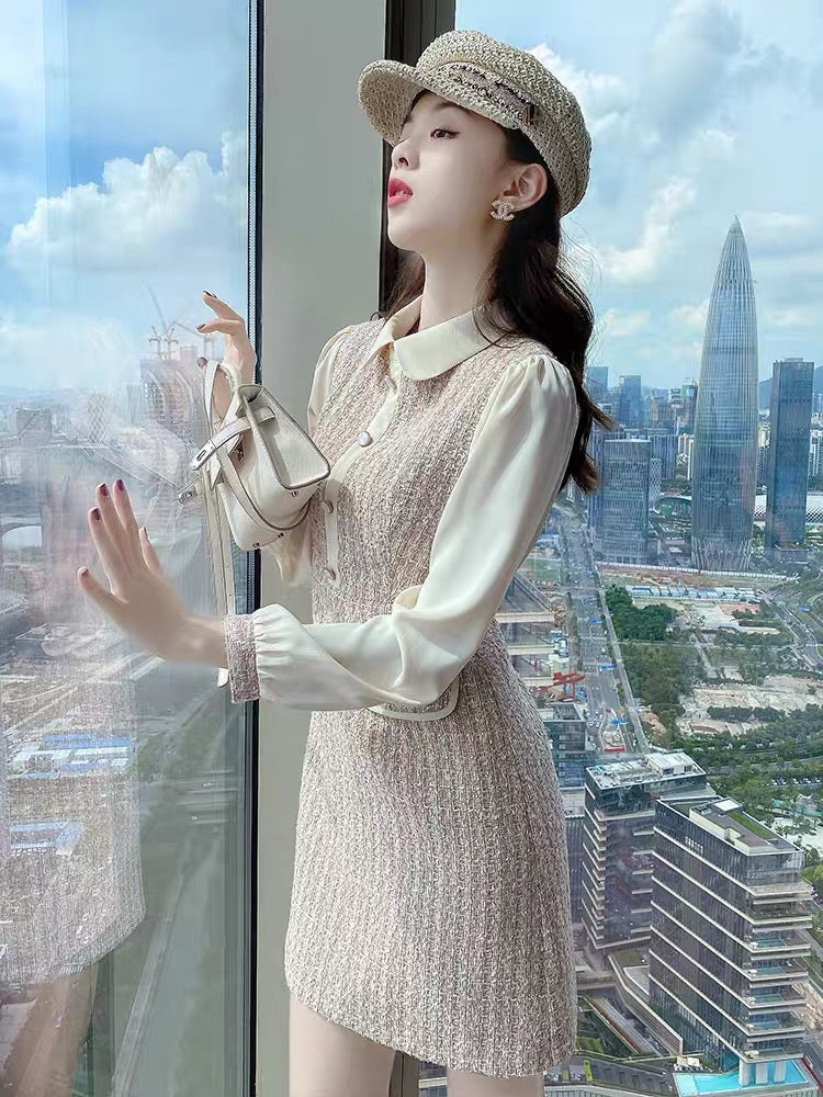 Xiaoxiangfeng Dress Autumn 2021 New Women's Polo Collar Contrast Color Splicing Fake Two-piece Retro Fashion Skirt