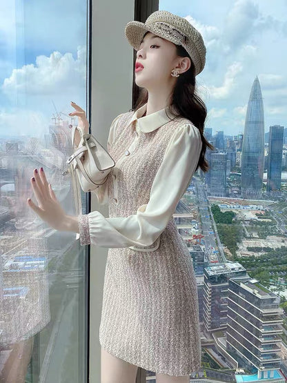 Xiaoxiangfeng Dress Autumn 2021 New Women's Polo Collar Contrast Color Splicing Fake Two-piece Retro Fashion Skirt