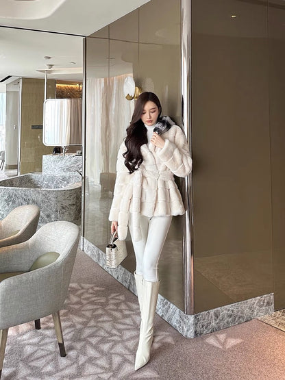 Shanxi said rabbit fur chinchilla hat with imitation Danish mink eco-friendly fur coat, feminine high-end lace-up warm coat (B1316)
