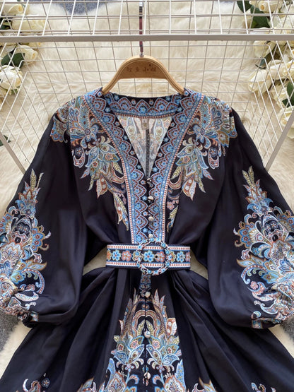 Light luxury French court style printed dress for women V-neck puff sleeve waist design niche celebrity temperament dress