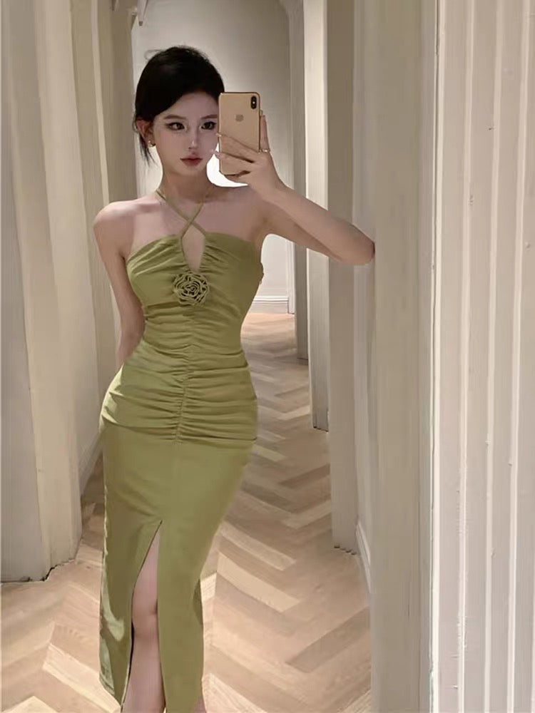 French green thin temperament high-end sexy backless cross hanging neck suspender dress women's summer bag hip long skirt
