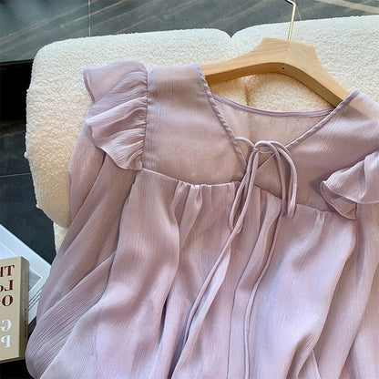 Cut label women's clothing authentic tail goods luxury big-name purple chiffon shirt women's summer 2023 new sweet loose top